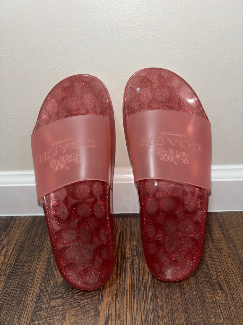 Coach Glitter Logo Slide Sandals in Rose Red